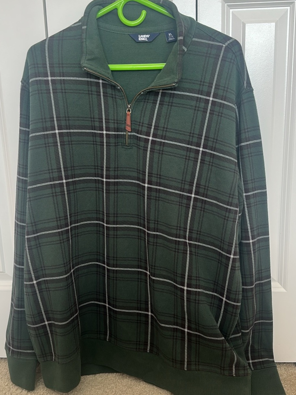Lands' End Men's Dark Green Plaid Quarter-Zip Pullover